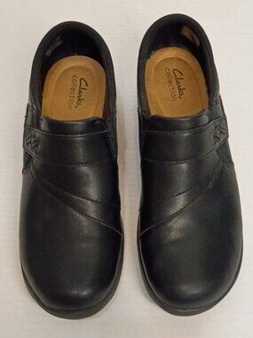 Clarks Angie Pearl Black Leather Slip On Comfort Loafers Women's Size 11M